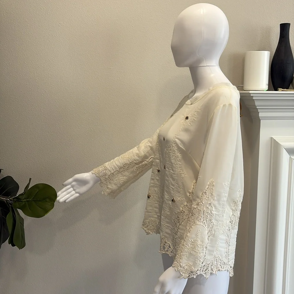 Anthropologie Arrata Silent Journey Sheer Beaded Embroidered Crochet Lace Top M